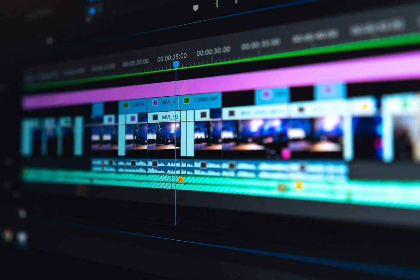 A video editing timeline on a monitor during post-production
