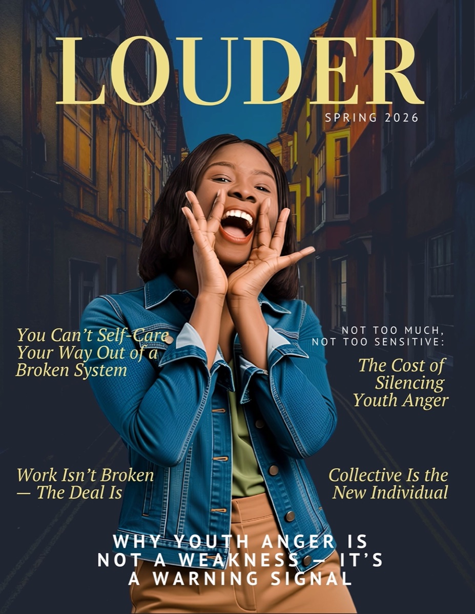Cover of Louder, Spring 2026 — a young woman shouting through cupped hands on a darkened street, under the Louder masthead