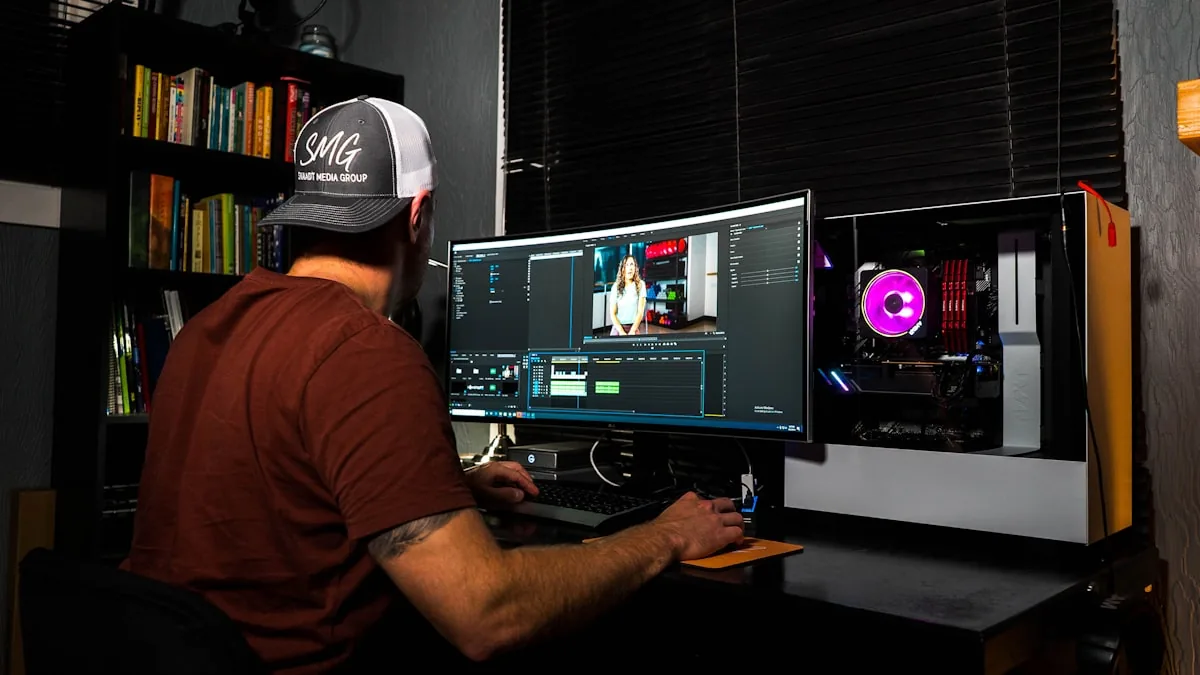 An editor at a multi-monitor editing workstation