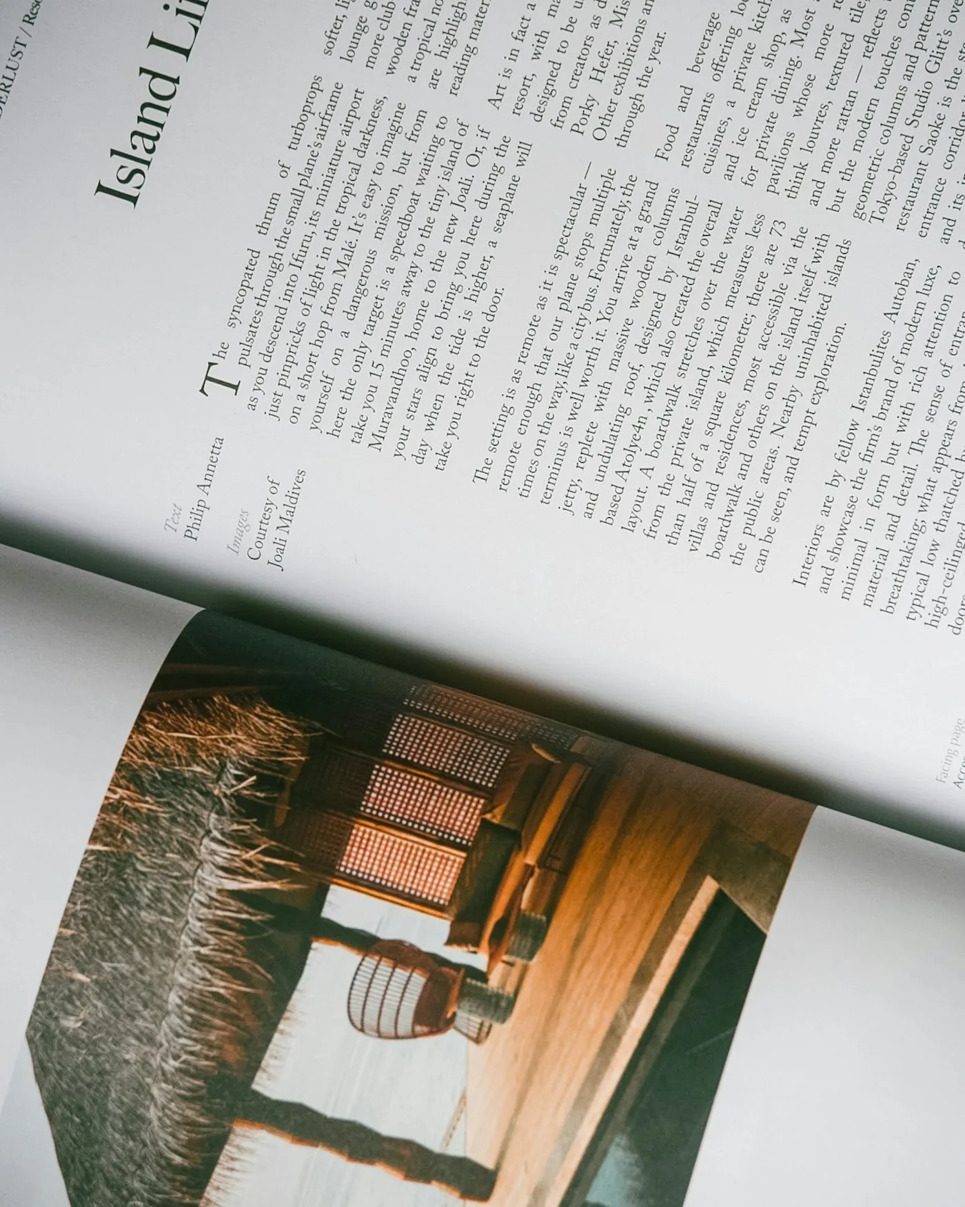 Printed editorial pages fanned open across a pale surface
